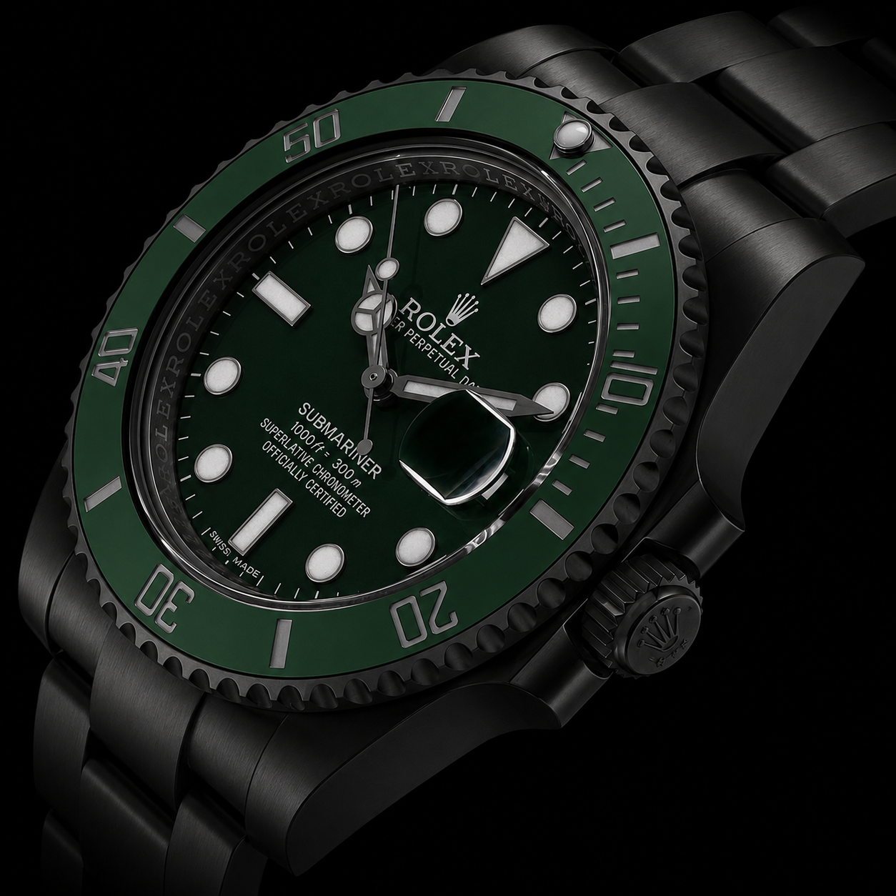 Blackened Rolex Submariner with green bezel and dial