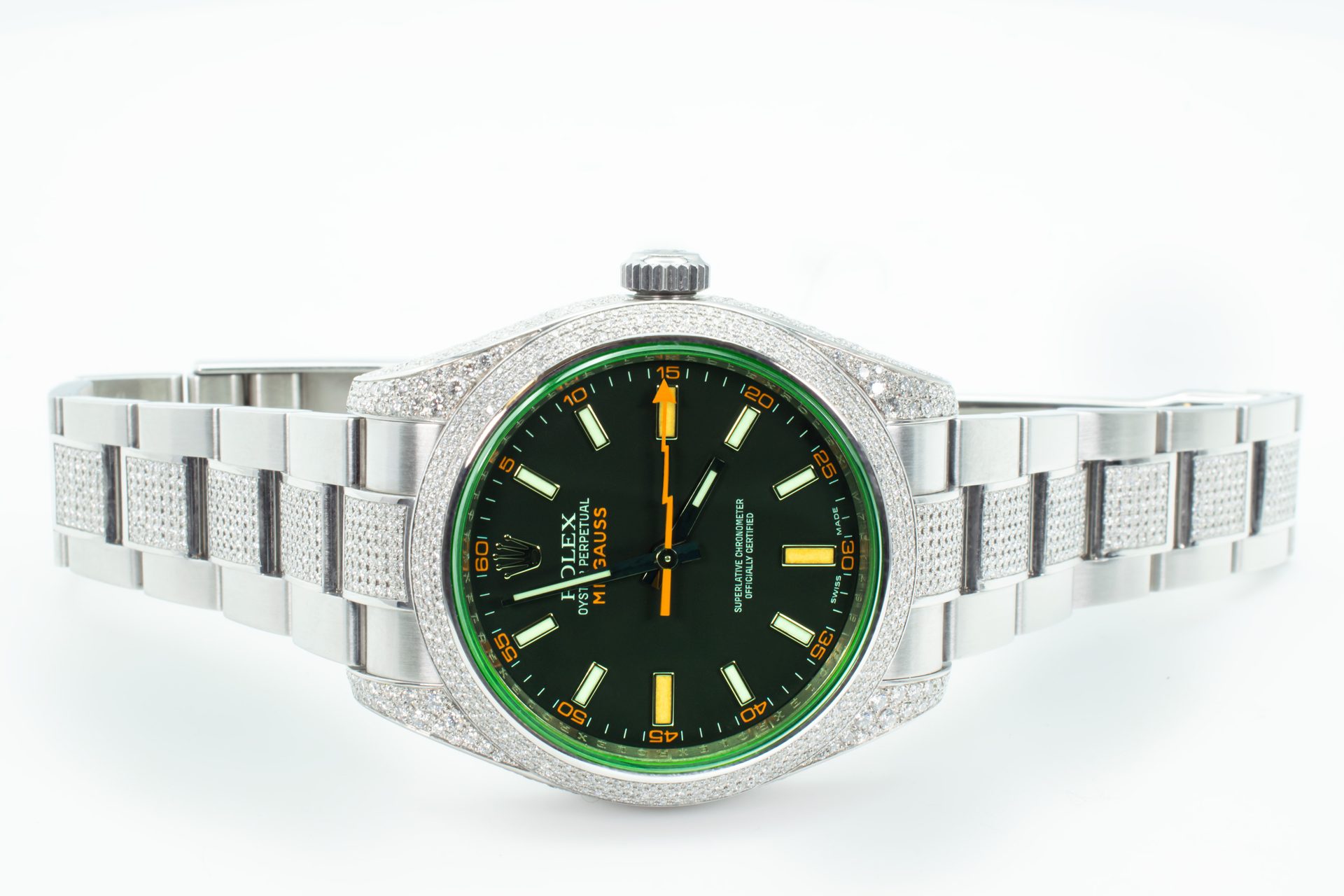 Rolex Milgauss Diamonds GV Nero — al polso